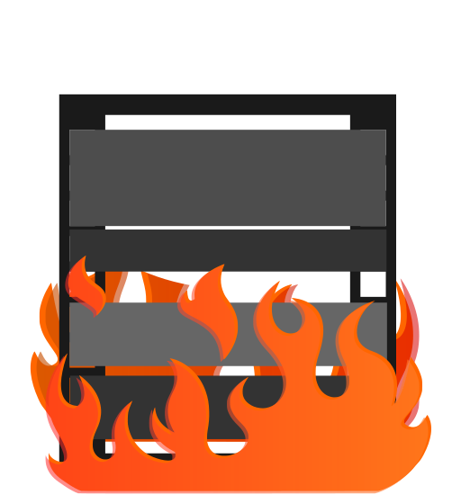 A server rack, clouds behind, with flames rising up from the bottom. Chaos.
